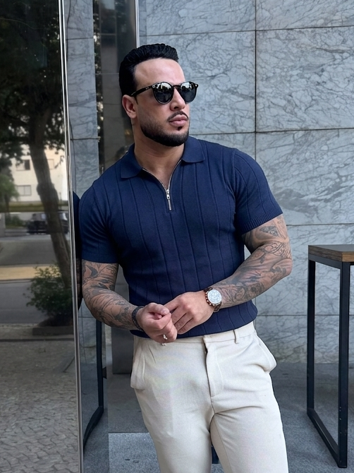 Camisa Polo Meia Zíper Masculina Elegante em Tecido Nobre