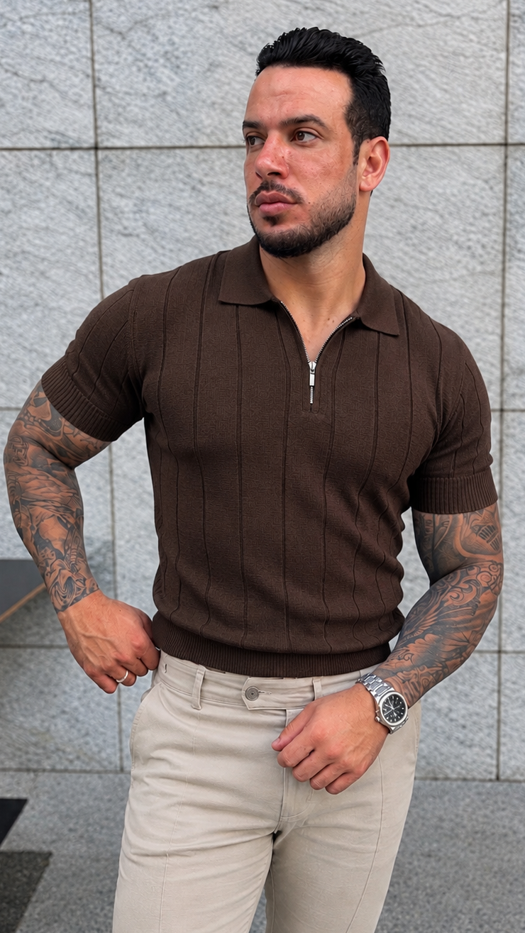 Camisa Polo Meia Zíper Masculina Elegante em Tecido Nobre