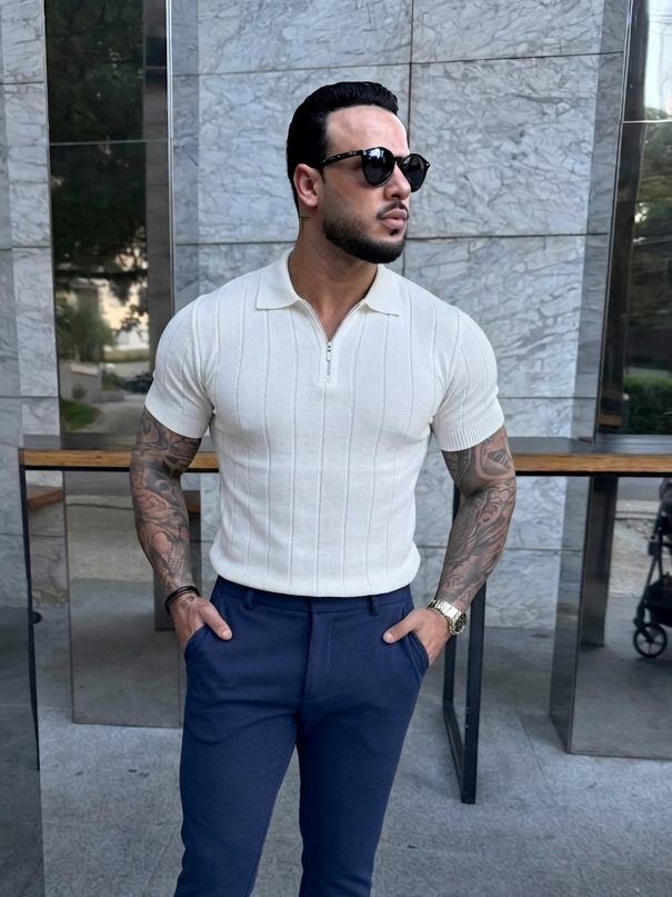 Camisa Polo Meia Zíper Masculina Elegante em Tecido Nobre