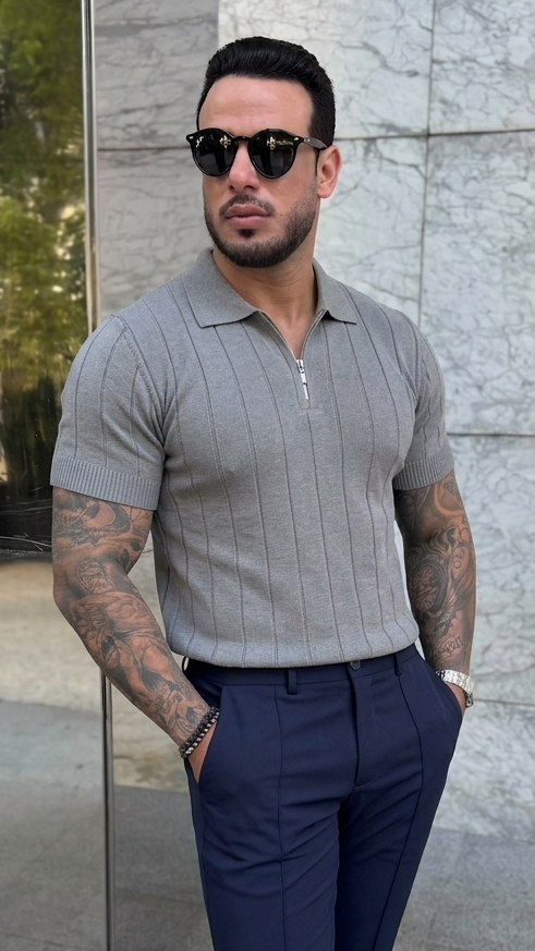Camisa Polo Meia Zíper Masculina Elegante em Tecido Nobre